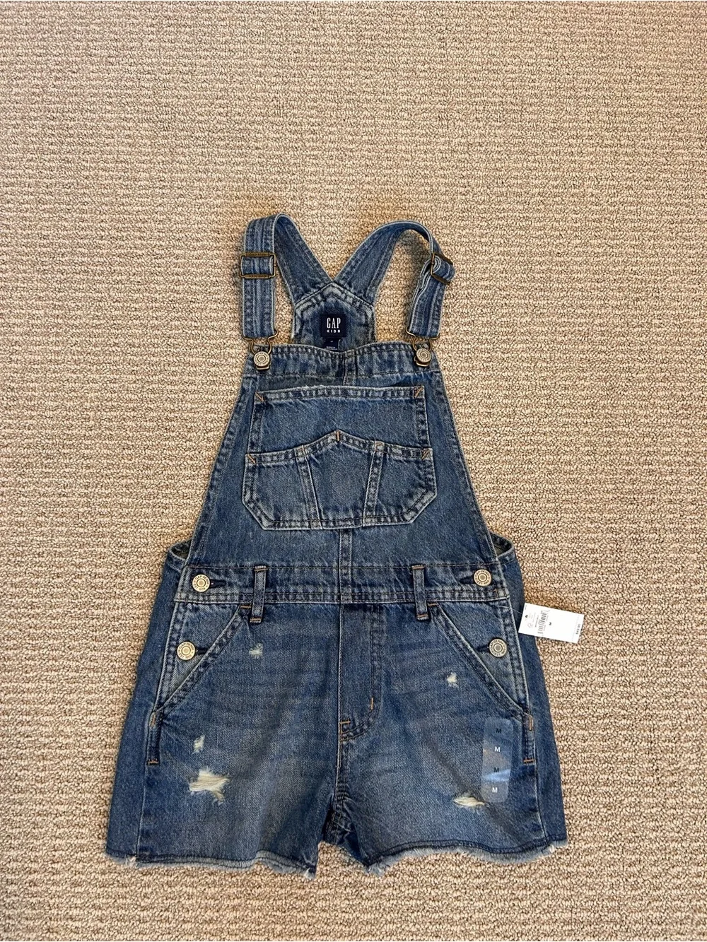 GAP Distressed Denim Short Overalls in Blue